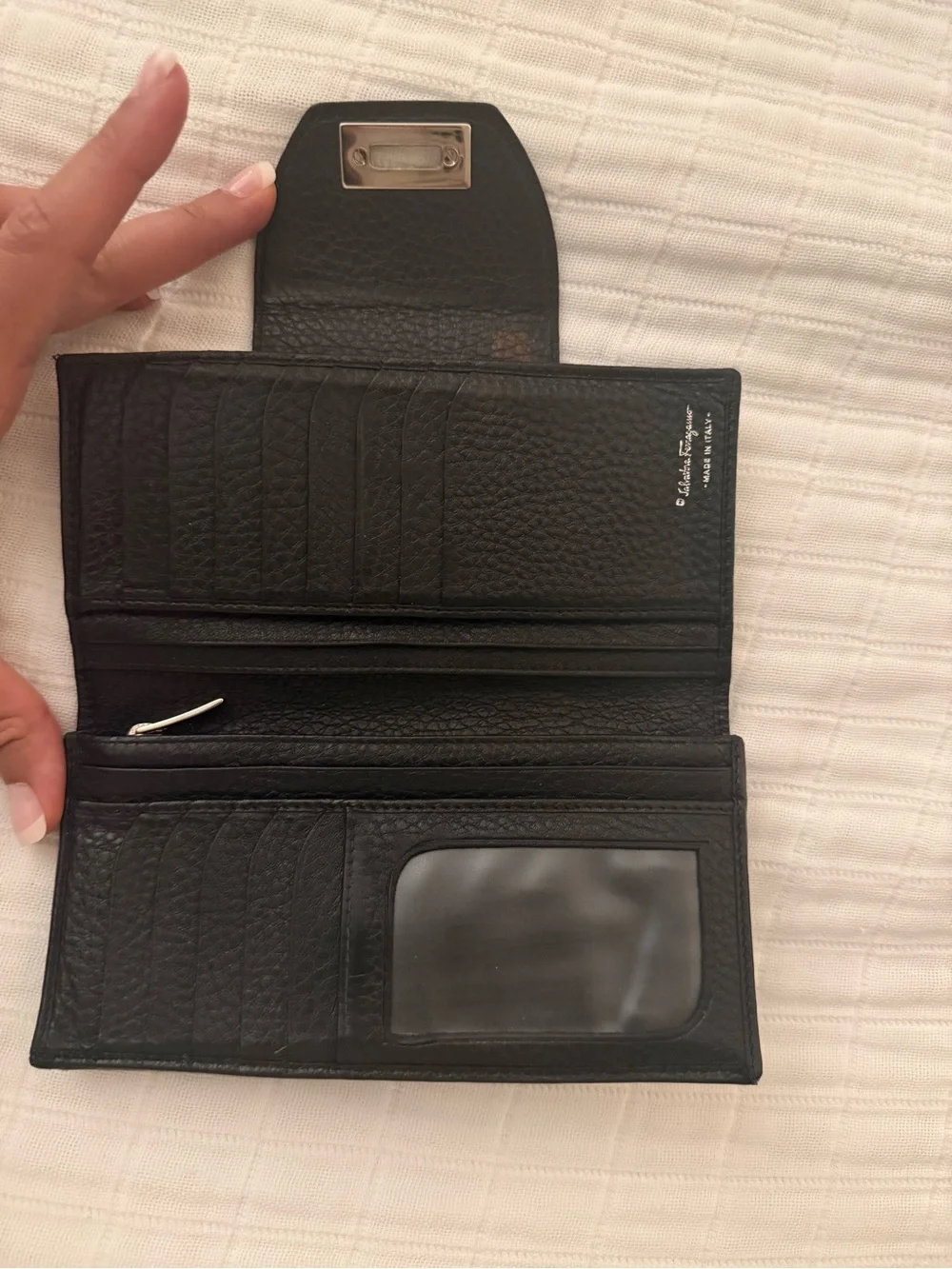 Ferragamo Black Leather Wallet with silver Ring Hardware